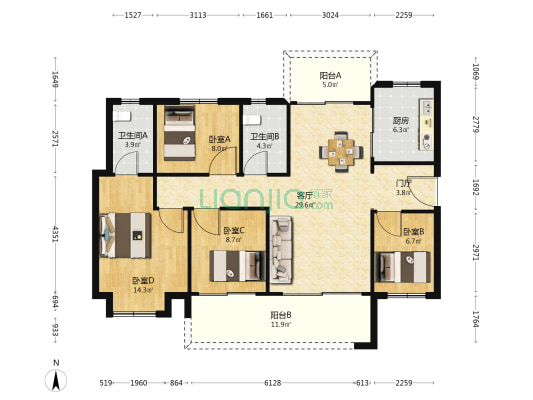 长沙北中心保利时代C区 4室1厅2卫 129平方