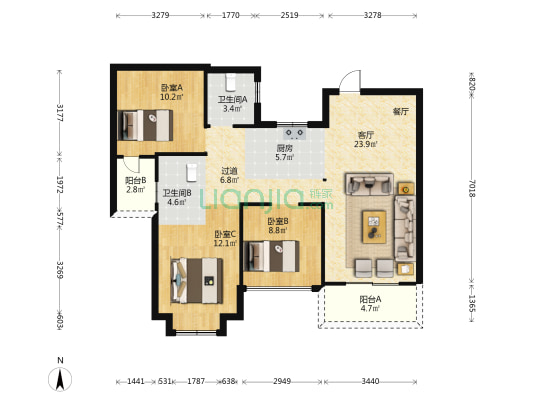 融信上江城E区 3室1厅2卫 102平方