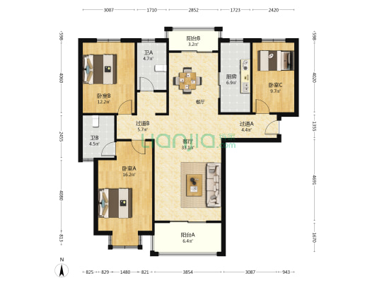 新港雅苑A区 3室1厅2卫 140平方