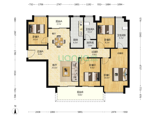 时代梅溪领峰 4室1厅3卫 146平方