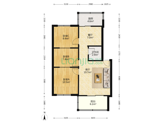 光明小区(涿州) 3室2厅 南 北-户型图
