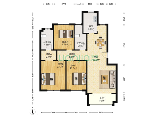 六合社区 3室1厅2卫 116平方