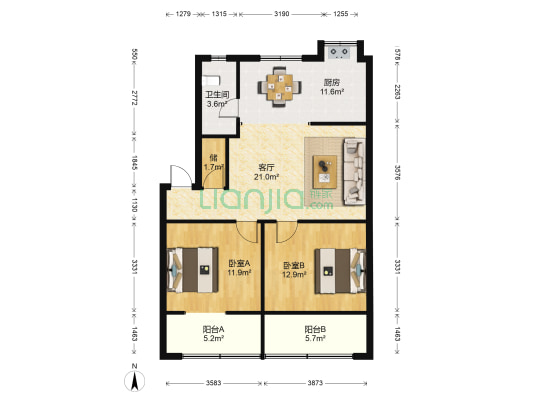 狮子山一片小区 2室1厅1卫 81平方