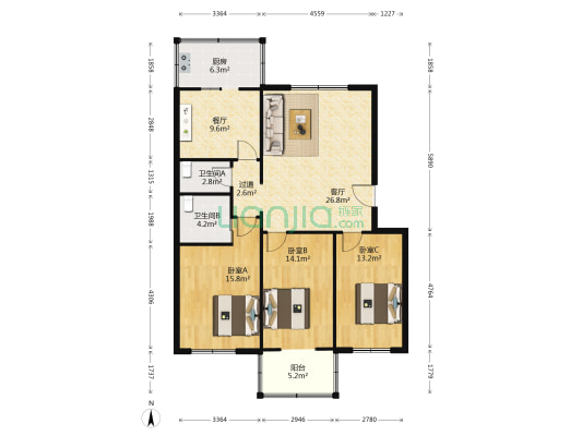 南组团小区 3室2厅2卫 125平方
