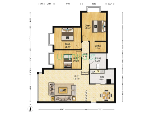 沙龙广场 3室1厅1卫 121平方