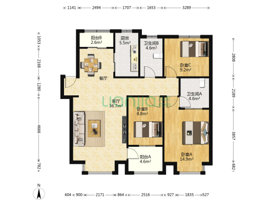 美树馆 3室1厅2卫 116平方