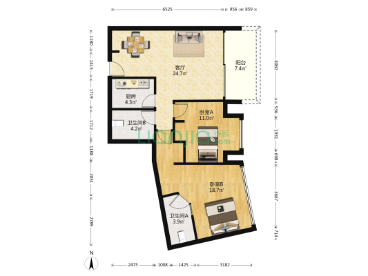 日月光中心伯爵居 2室1厅2卫 104平方