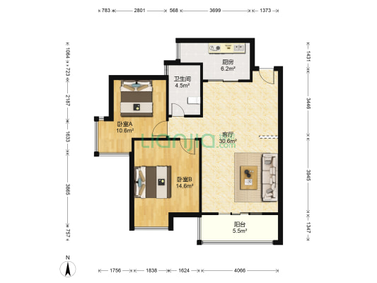 钱隆樽品 2室1厅1卫 87平方