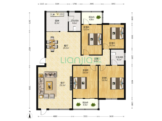 人保宿舍 4室2厅2卫 156平方