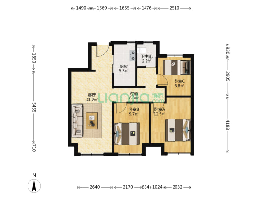 招商公园1872二期 3室1厅1卫 91平方