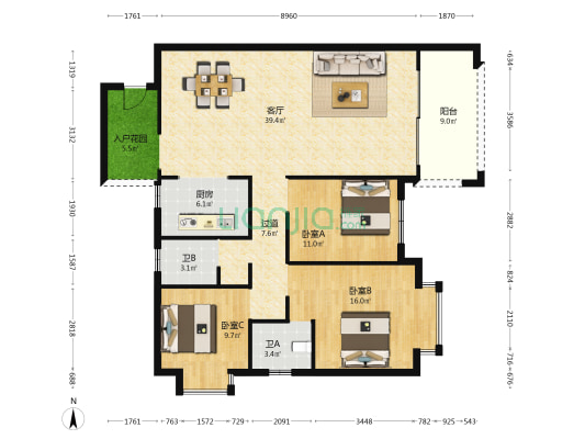 金榜御景园 3室1厅2卫 127平方