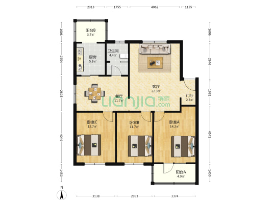 八中宿舍 3室2厅1卫 117平方