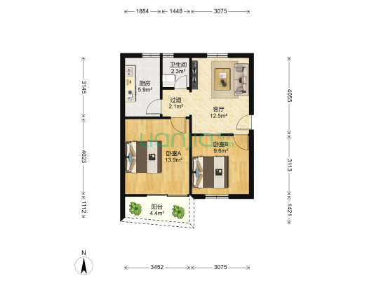莲坂小区 2室1厅1卫 65平方