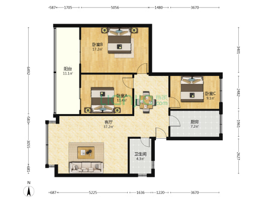 汇锦小区 3室1厅1卫 119平方