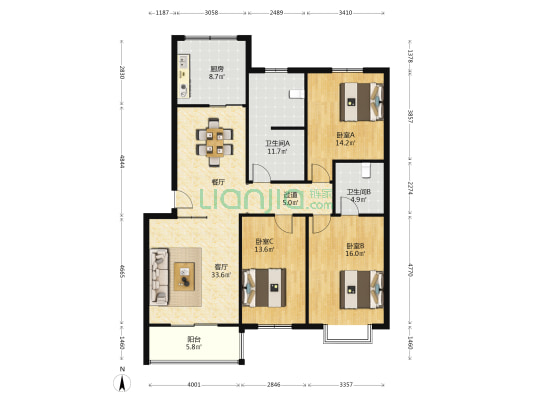 中祥小区 3室1厅2卫 144平方