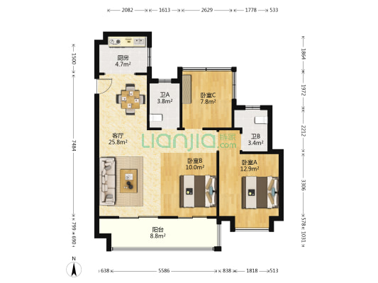 优步学府一期 3室1厅2卫 111平方