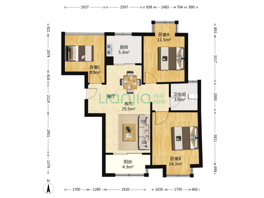 银河幸福广场 3室1厅1卫 99平方