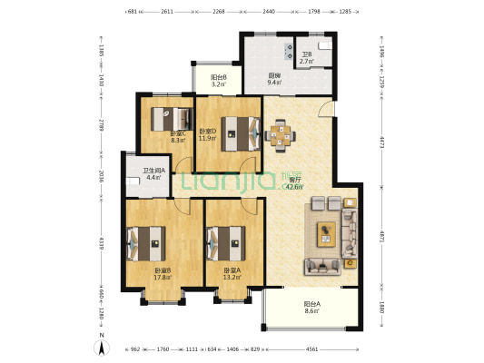 中天枫景小区 4室1厅2卫 138平方