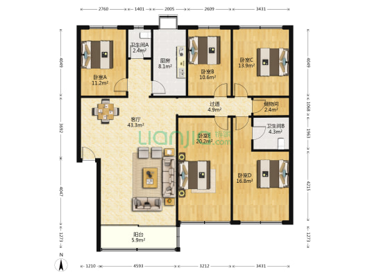 兴汉门公寓 5室1厅2卫 173平方
