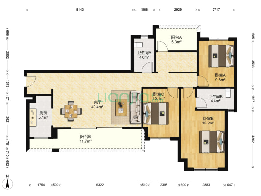 龙湖九里晴川 3室1厅2卫 126平方