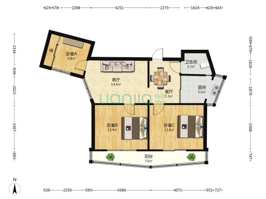 田园里 3室2厅1卫 91平方