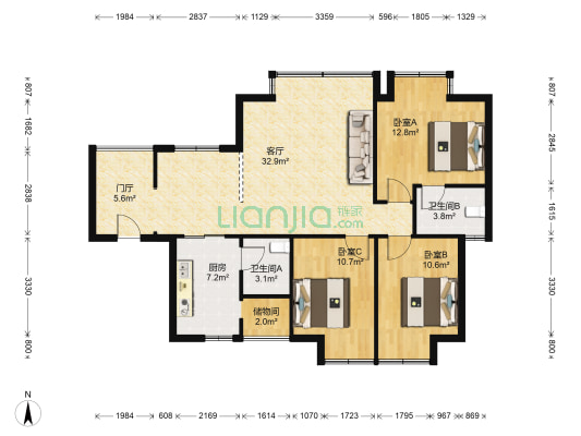 幸福家园碧云天 3室1厅2卫 108平方