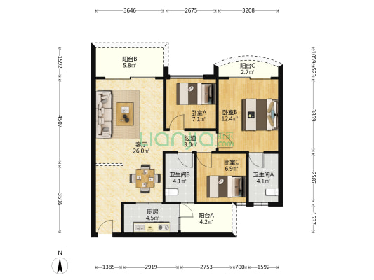 豪苑華庭 3室1厅2卫 98平方