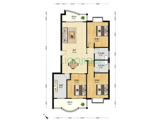 汇文新都B区 3室1厅2卫 132平方