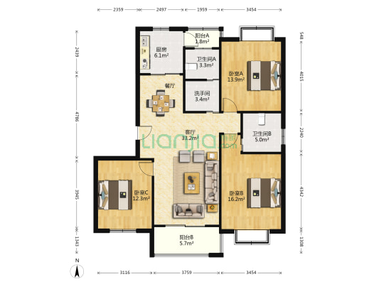 金水湾(公寓) 3室1厅3卫 121平方