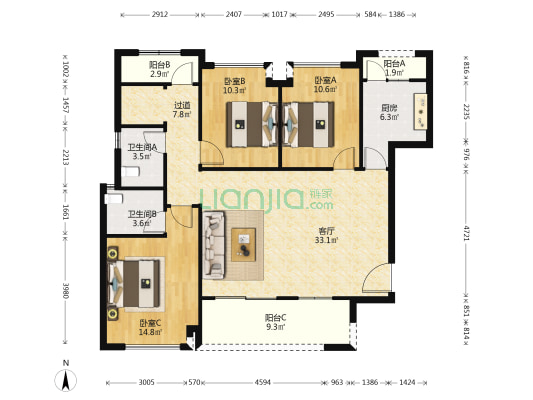 荣盛观麟郡 3室1厅2卫 117平方