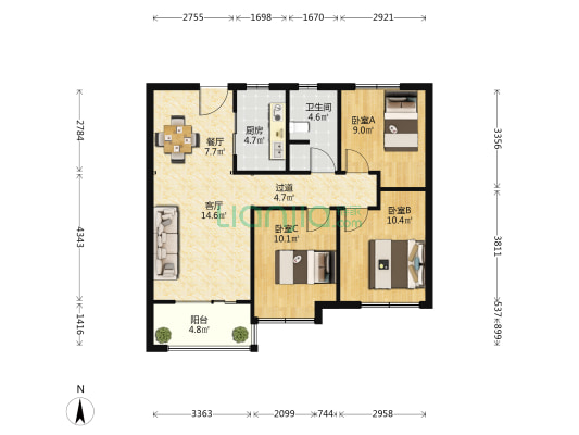 龙湖光年一期 3室2厅1卫 89平方