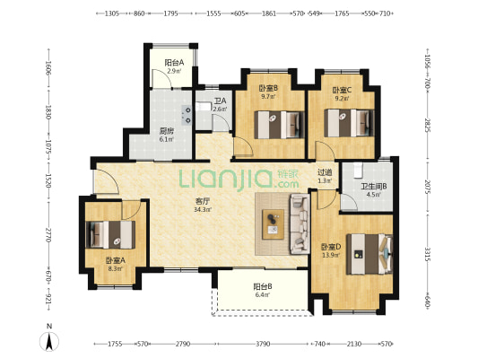 华邑南宸府 4室1厅2卫 117平方