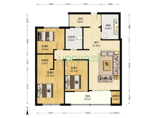 恒信珑湖国际 3室1厅1卫 116平方