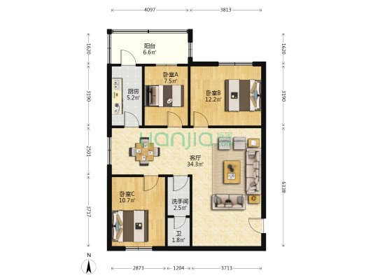 龙珠楼 3室1厅2卫 97平方