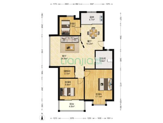 锦水湾 3室2厅1卫 98平方