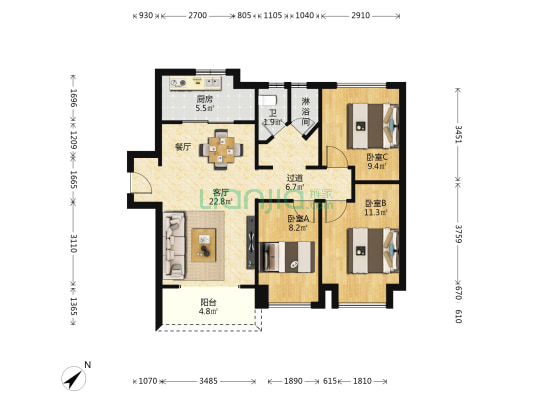 金茂悦城市花园 3室1厅2卫 90平方
