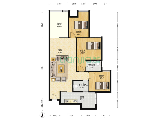 柏林春江 3室1厅2卫 104平方