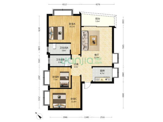 坦神南路 3室1厅2卫 98平方