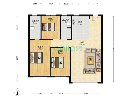 锦溢净月辰院 3室1厅2卫 131平方