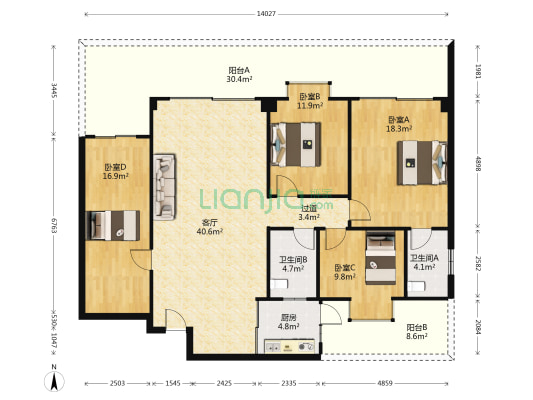 骏景豪庭B座 4室1厅2卫 127平方