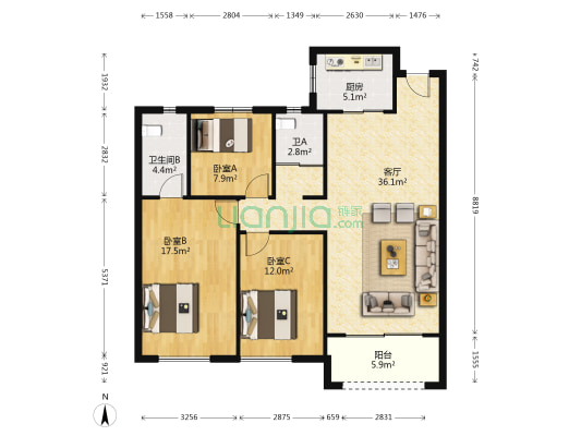 碧桂园西湖名城五号院 3室1厅2卫 118平方