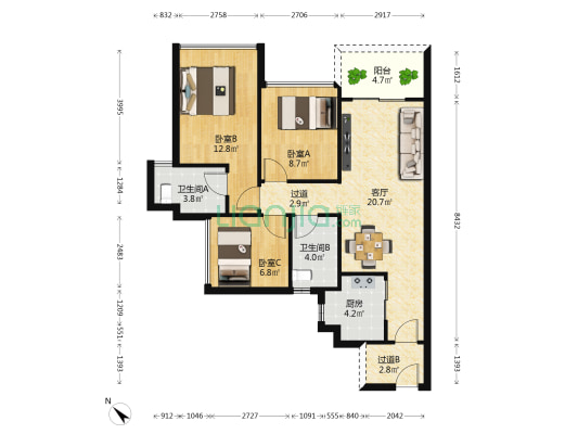 华润置地公园上城 3室1厅2卫 86平方