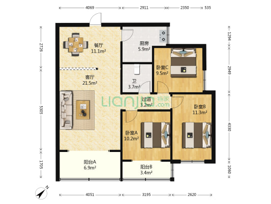 青龙岭 3室2厅1卫 100平方