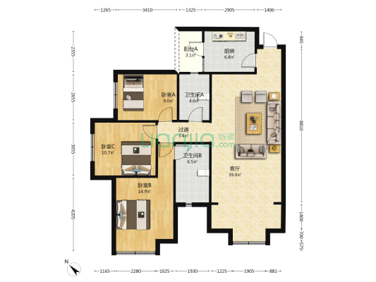 天湖国际 3室1厅2卫 121平方