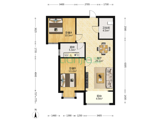 山投沿湖城 2室1厅1卫 90平方山投沿湖城户型图根据链家网调查数据