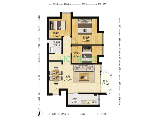 梅林居 3室1厅1卫 75平方