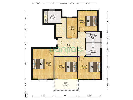 银兆公寓 5室1厅2卫 130平方