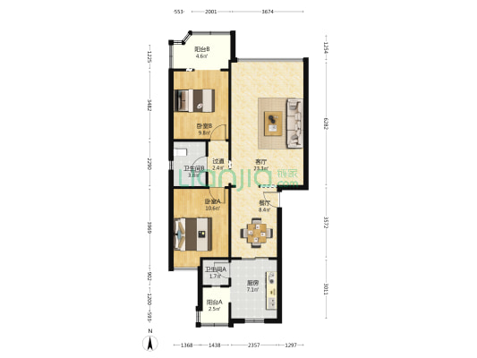 华民逸园 2室2厅2卫 87平方