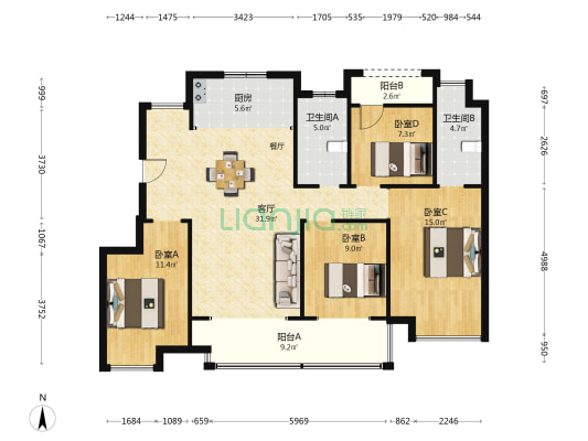 新城云图时光 4室1厅2卫 125平方
