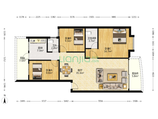 勋达楼 3室1厅2卫 109平方